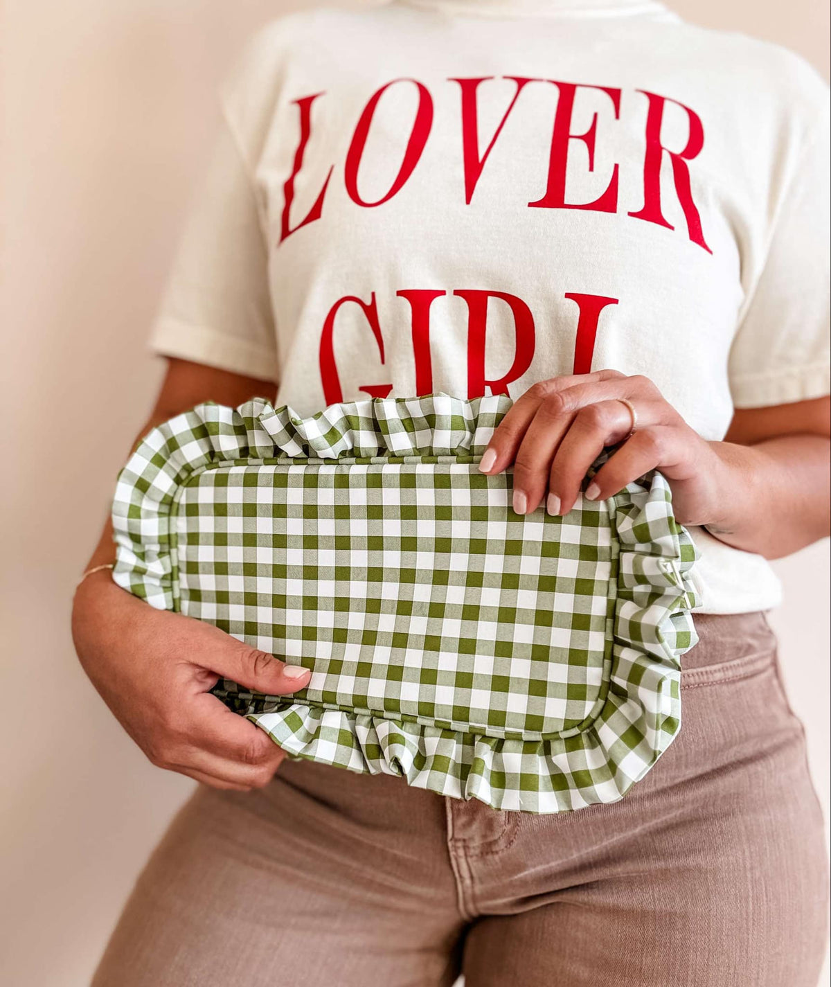 Gingham Ruffle Zipper Pouch Embroidery Friendly Cosmetic Bag