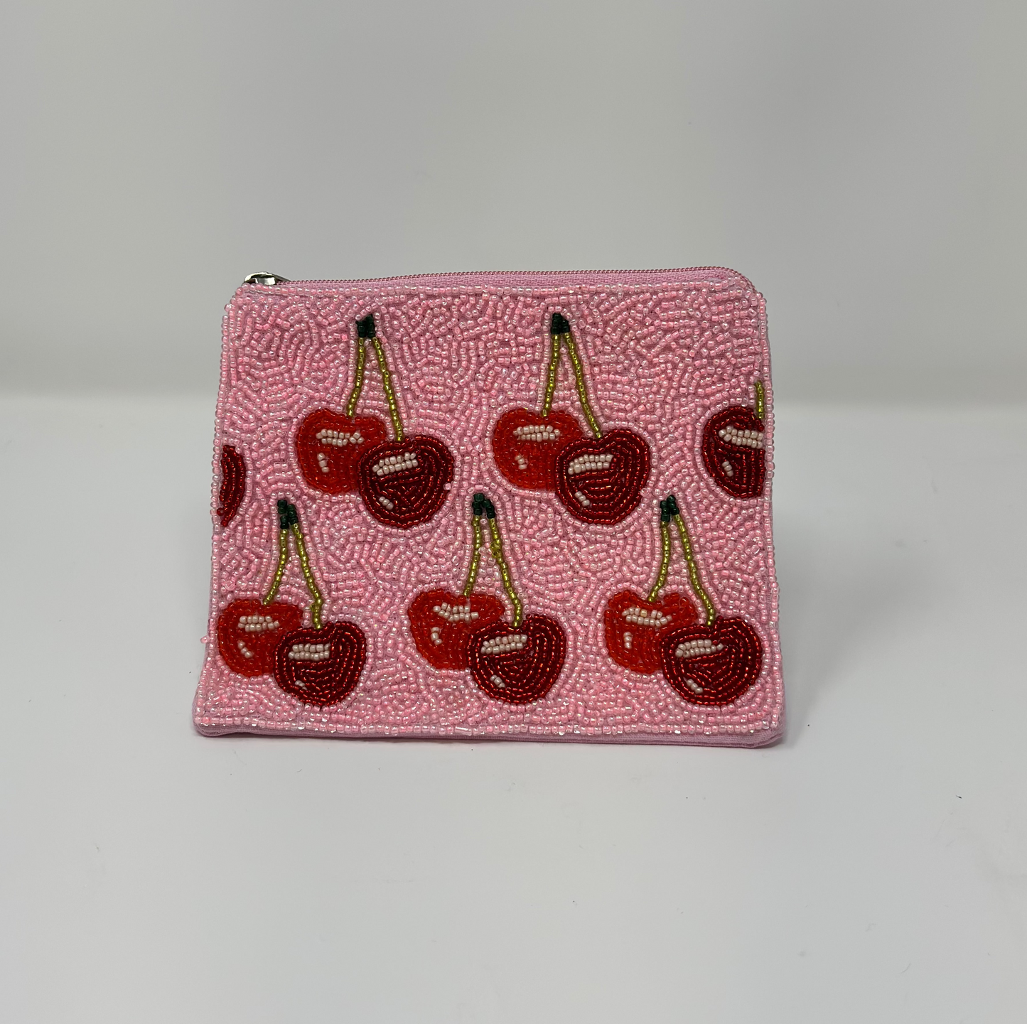 Pink Cherries Beaded Coin Pouch