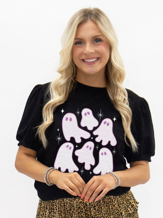 Ghosts on Puff Sleeve Tee, Black