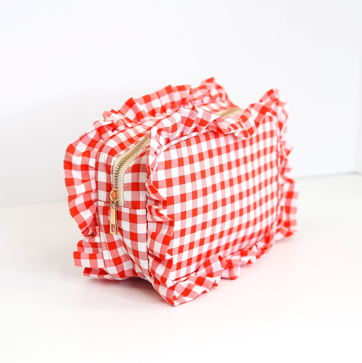 Gingham Ruffle Zipper Pouch Embroidery Friendly Cosmetic Bag