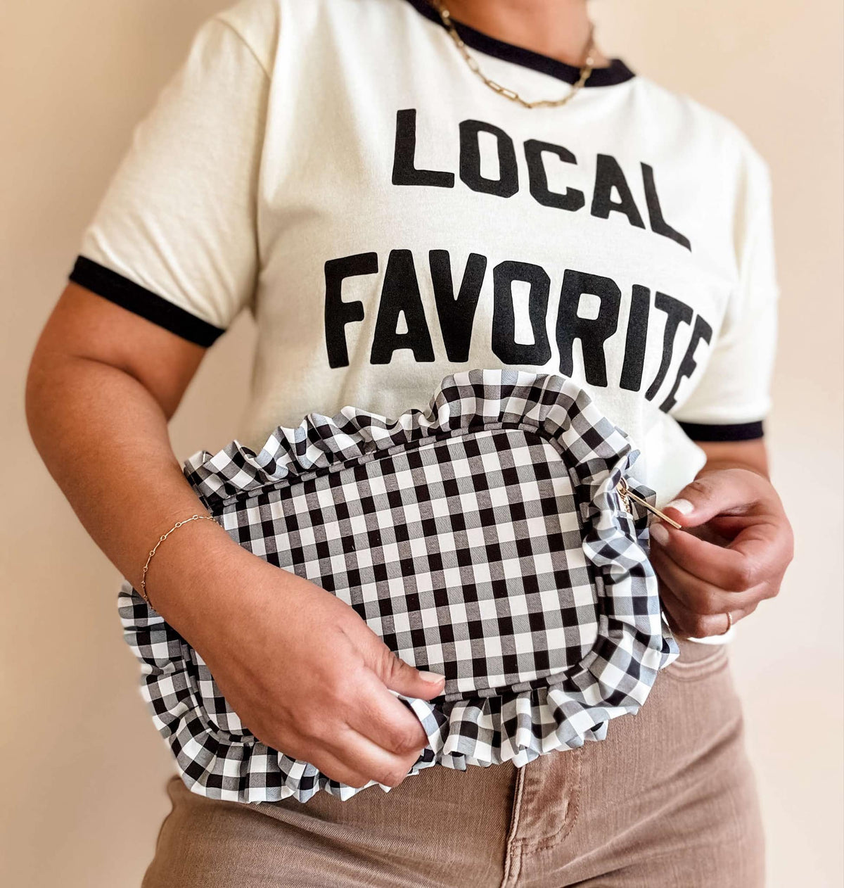 Gingham Ruffle Zipper Pouch Embroidery Friendly Cosmetic Bag