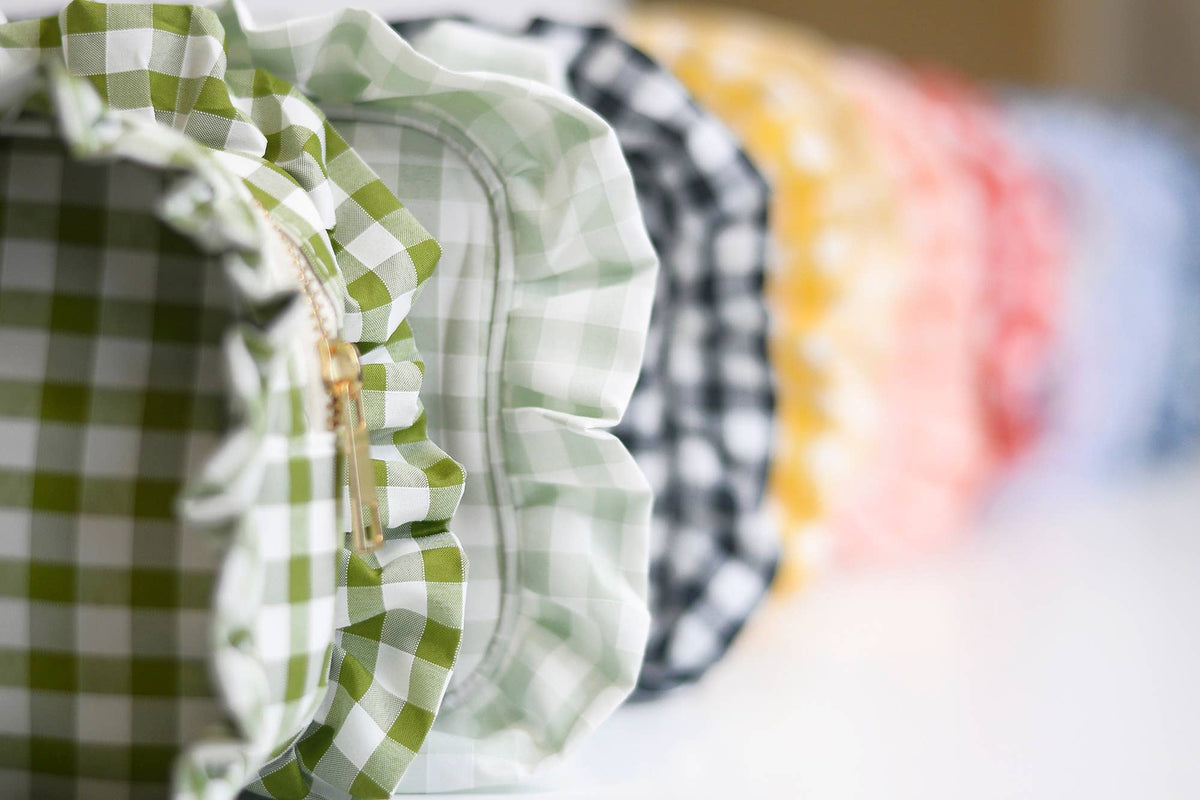 Gingham Ruffle Zipper Pouch Embroidery Friendly Cosmetic Bag
