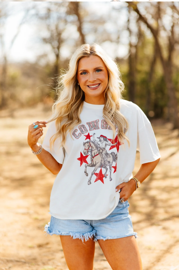 Cowgirl Stars On White Boxy Tee
