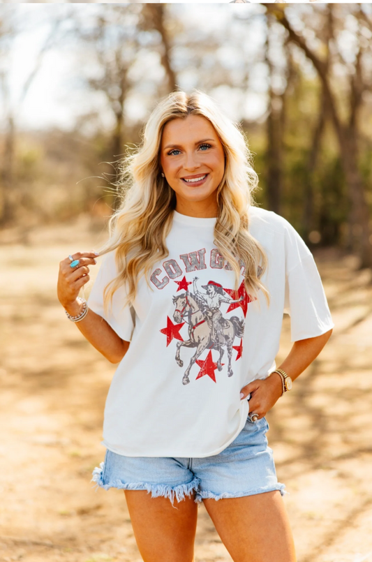 Cowgirl Stars On White Boxy Tee