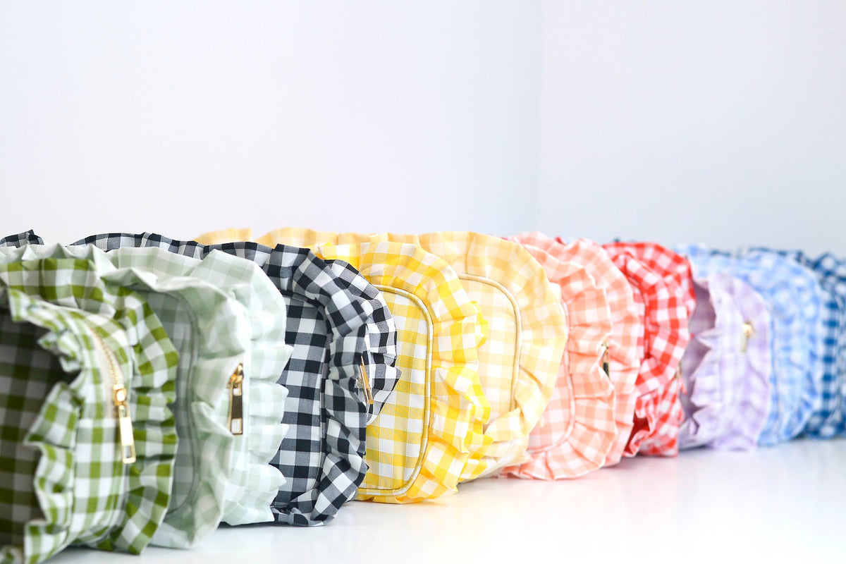 Gingham Ruffle Zipper Pouch Embroidery Friendly Cosmetic Bag
