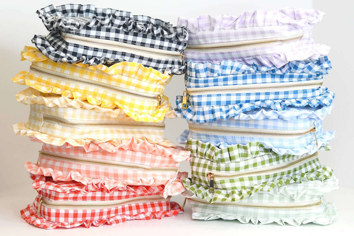 Gingham Ruffle Zipper Pouch Embroidery Friendly Cosmetic Bag